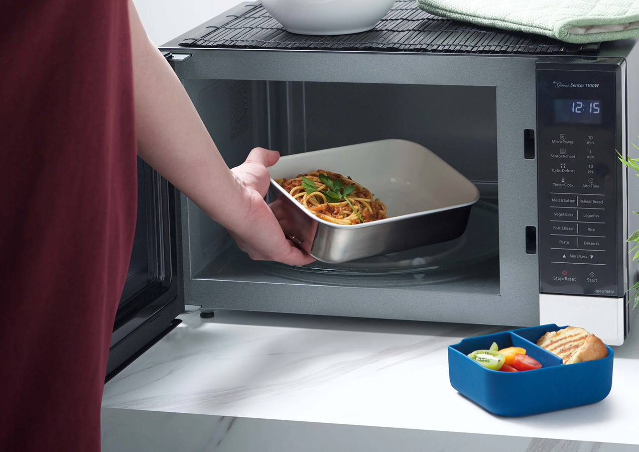 Both the Stainless Steel base and the Silicone Inserts are microwave safe. For meals when not everything needs to be heated.