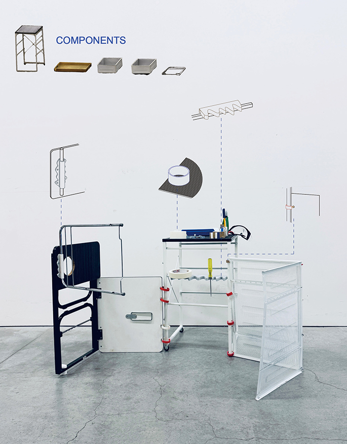 A room divider composed of mismatched reclaimed parts, assembled through visible, digitally fabricated connectors.