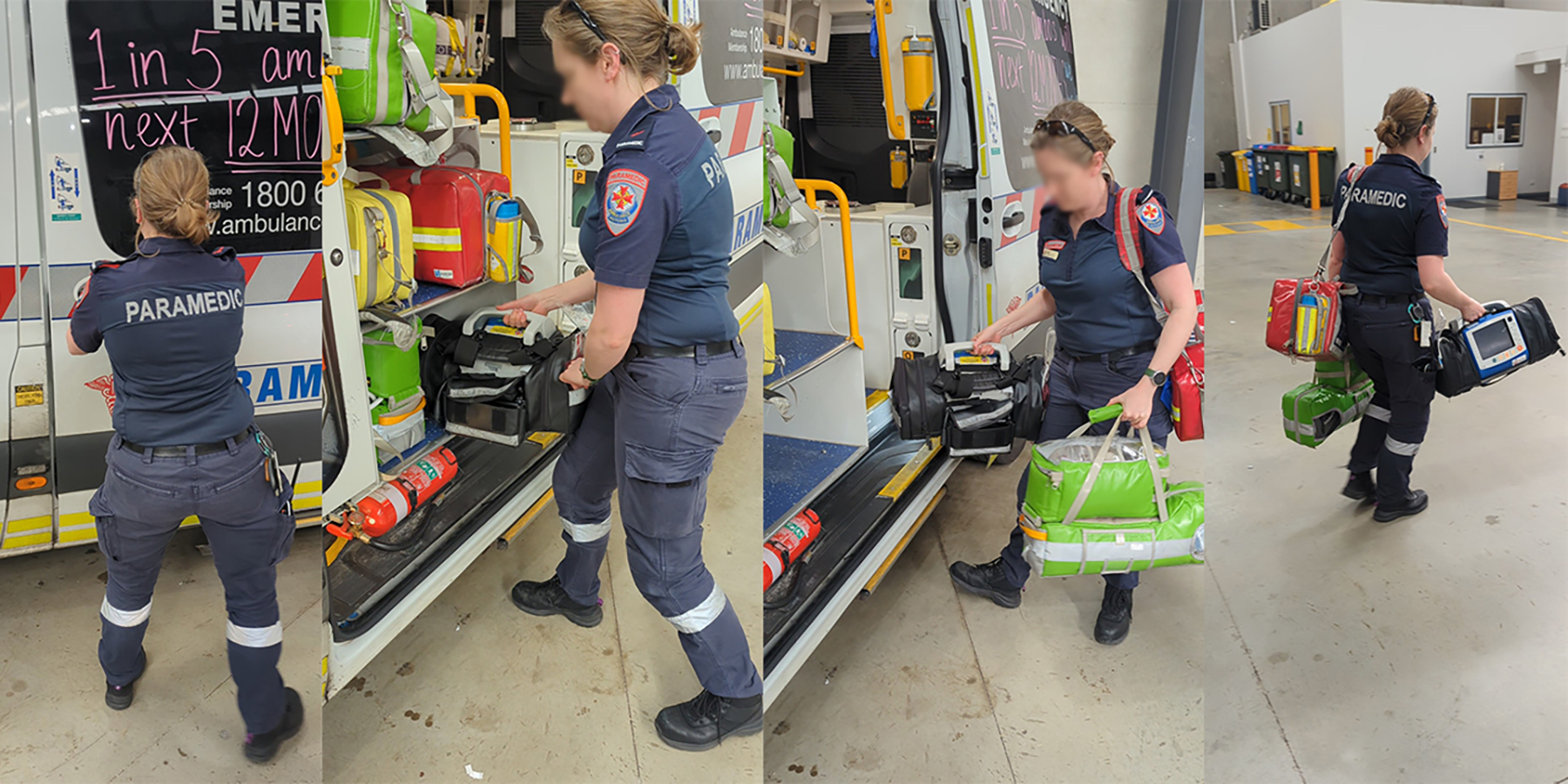 4 images documenting journey mapping where a paramedic is unloading equipment bags from the ambulance.