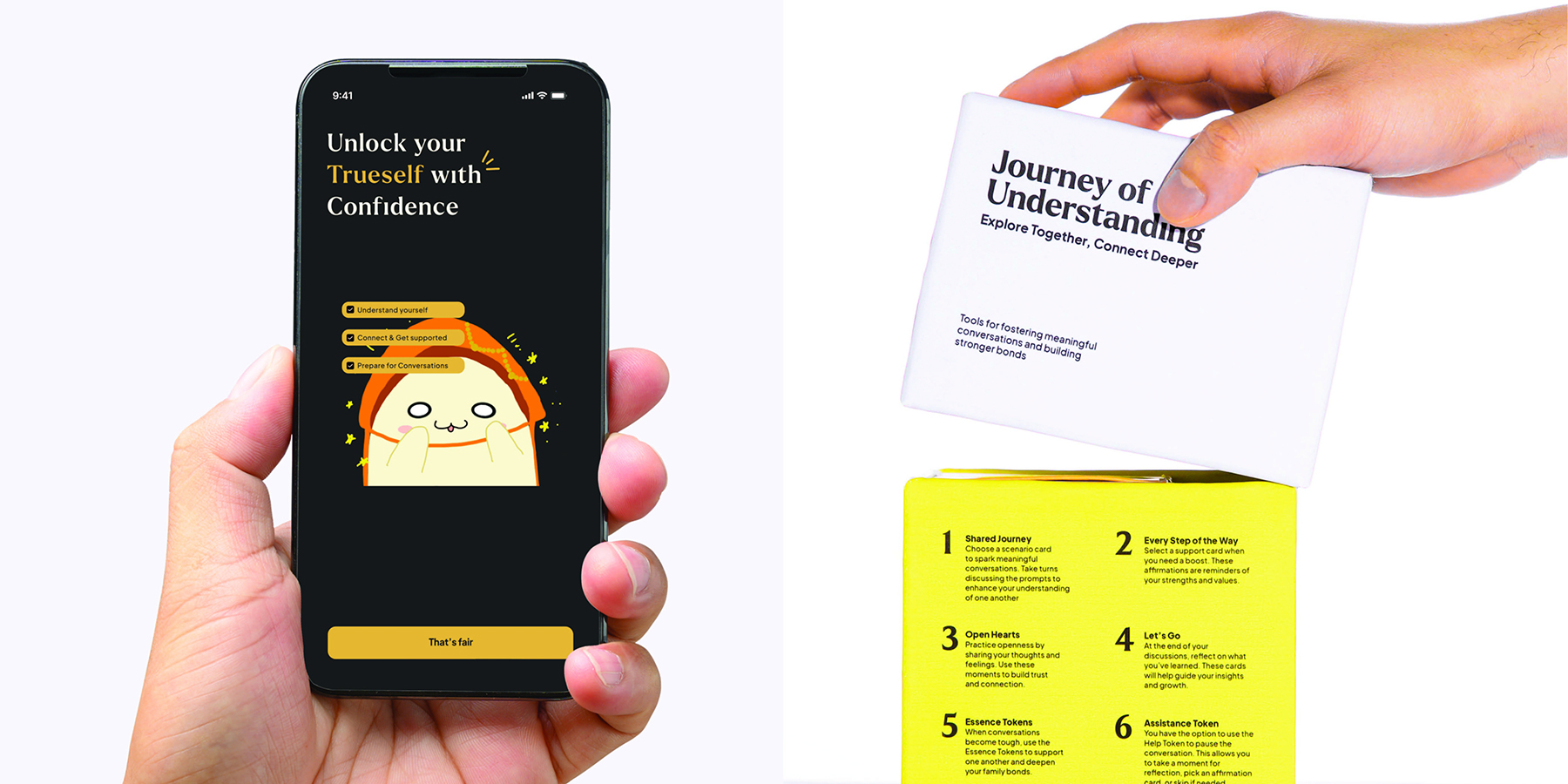 Home screen with personality journey options displayed beside the 'Journey of Understanding' physical toolkit box.