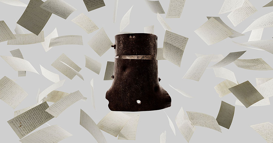 Ned Kelly's helmet surrounded by floating papers