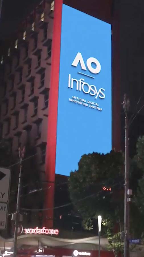 Showing Infosys as a digital experience partner of the Australian Open on a 236 sqm 3D billboard on Bourke st and Swanston st
