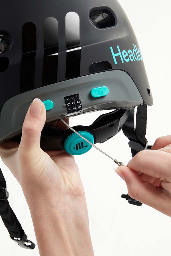 Headlokt OneLock helmet with cable lock being extended