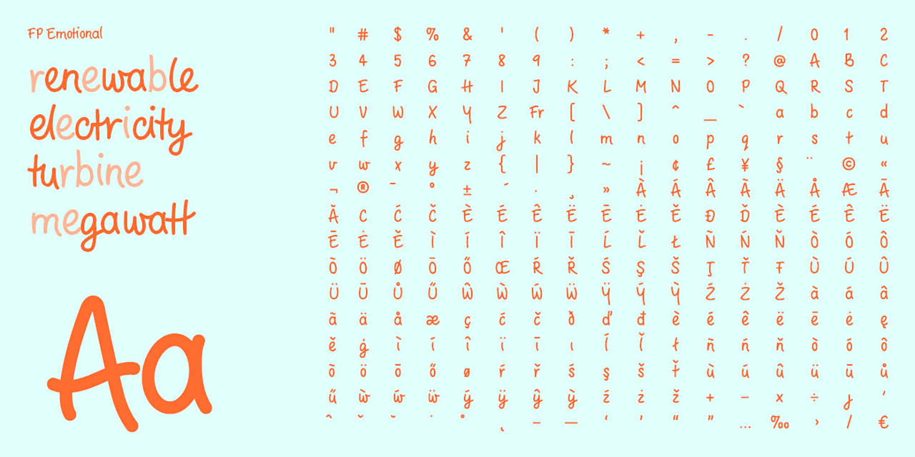 A collage of the custom typeface FP Emotional, showing key features and characteristics.