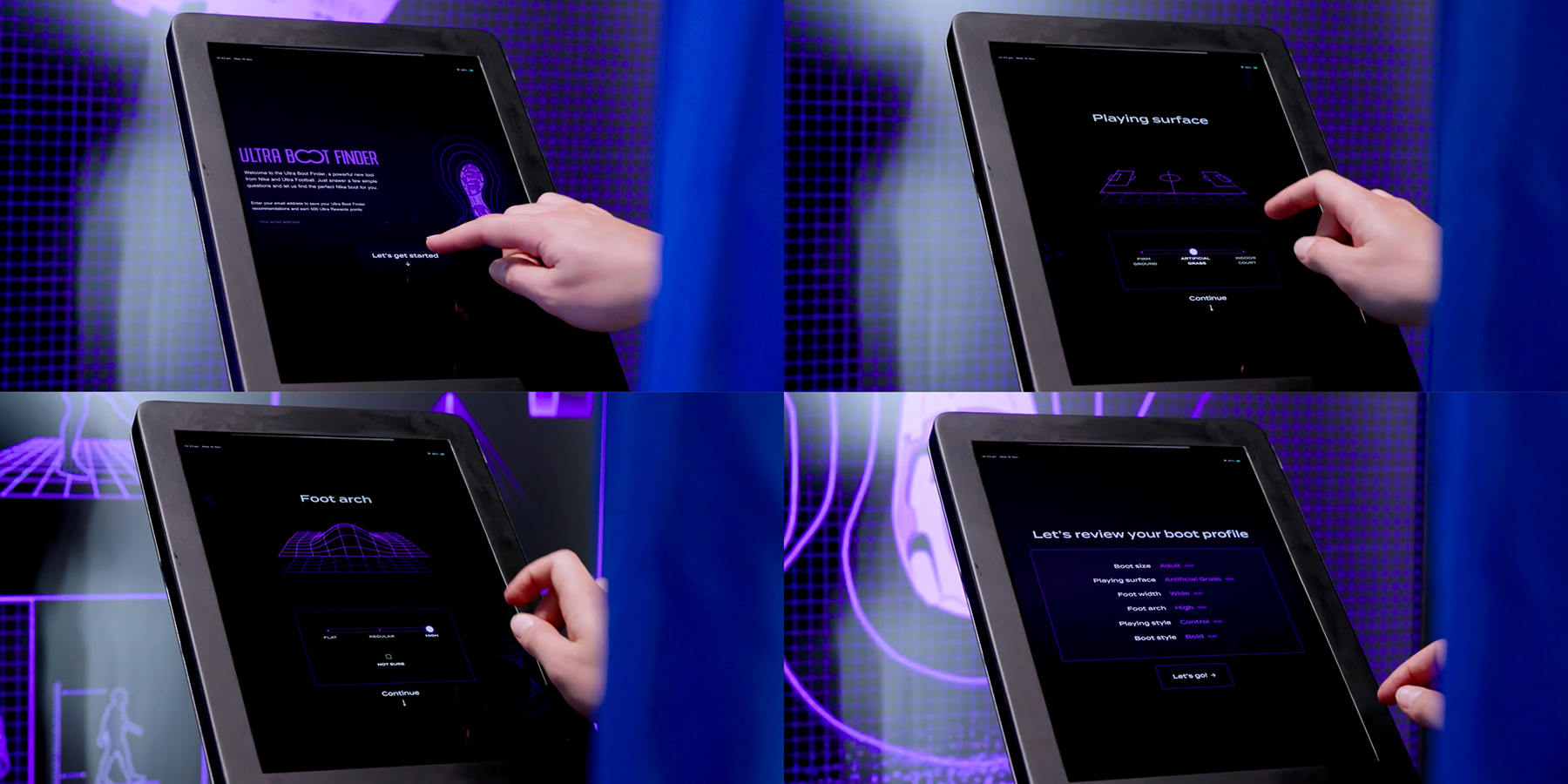 A user interacting with the Boot Finder kiosk, which will trigger immersive animation on the Boot Wall upon completion.