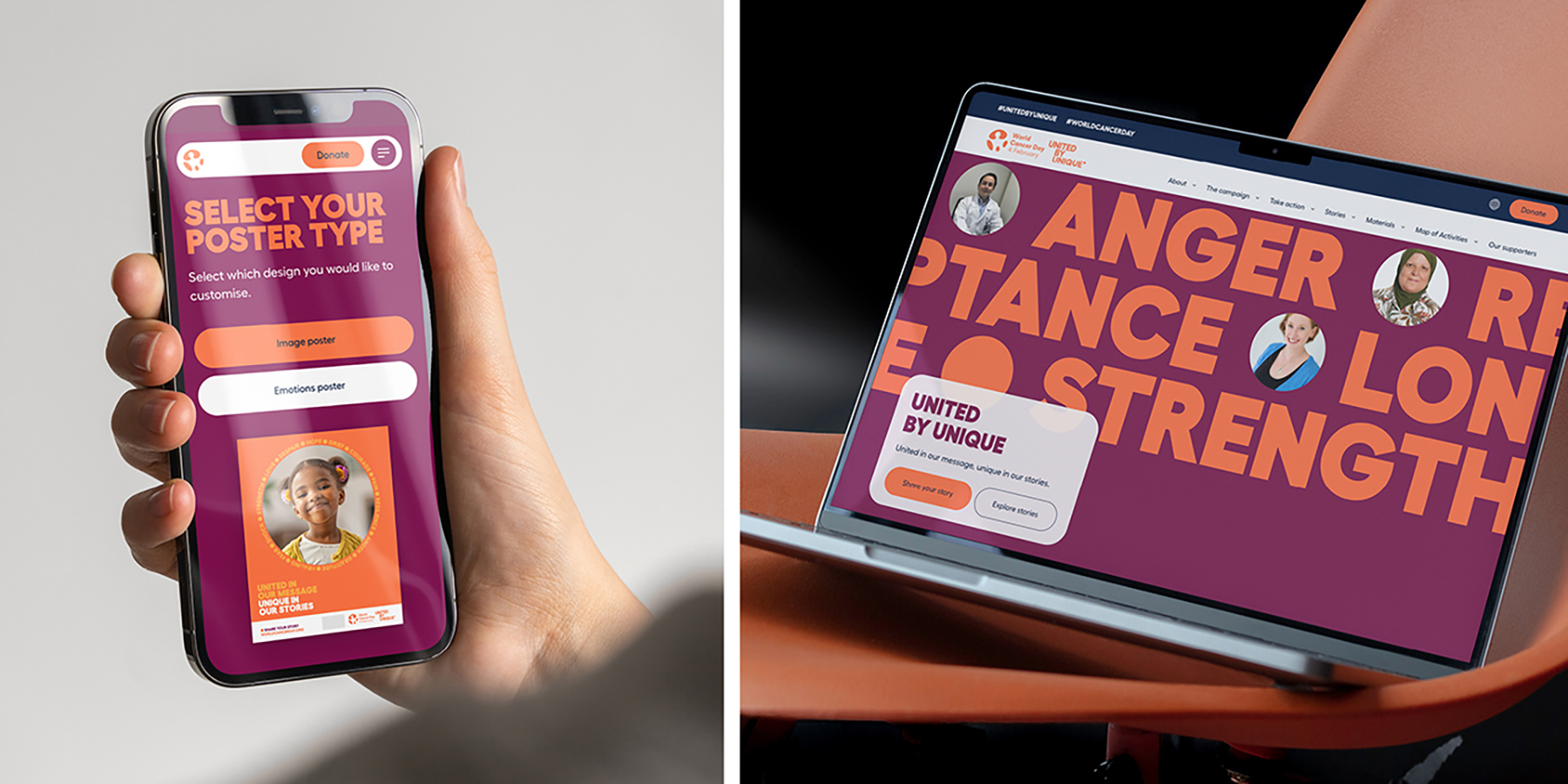 World Cancer Day digital tools, including custom poster tool and website homepage