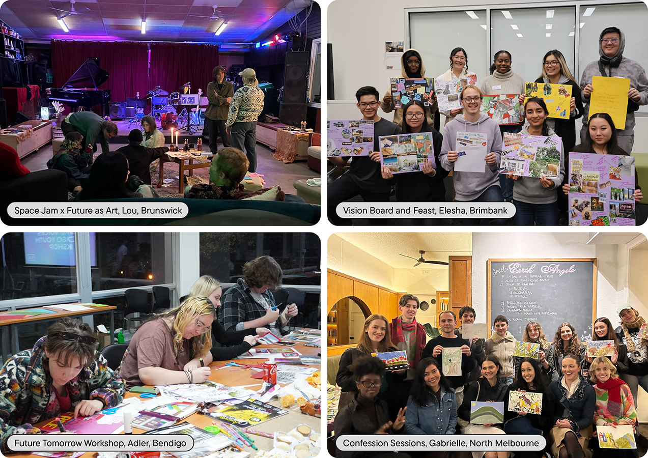 Four snapshots of youth workshops: music jam, vision boards, collage making, and group art sharing.