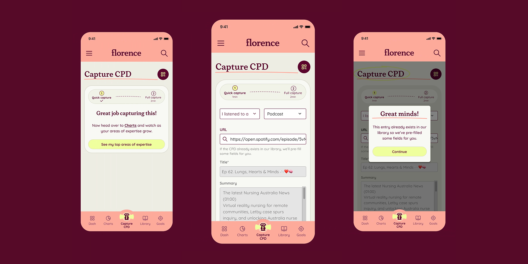 Three mobile screens showing the Florence CPD capture process and success confirmation messages.