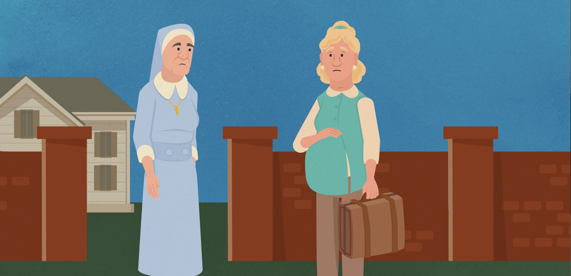 A pregnant woman with a suitcase stands by a nun outside an institution, depicting entry into a religious maternity home.