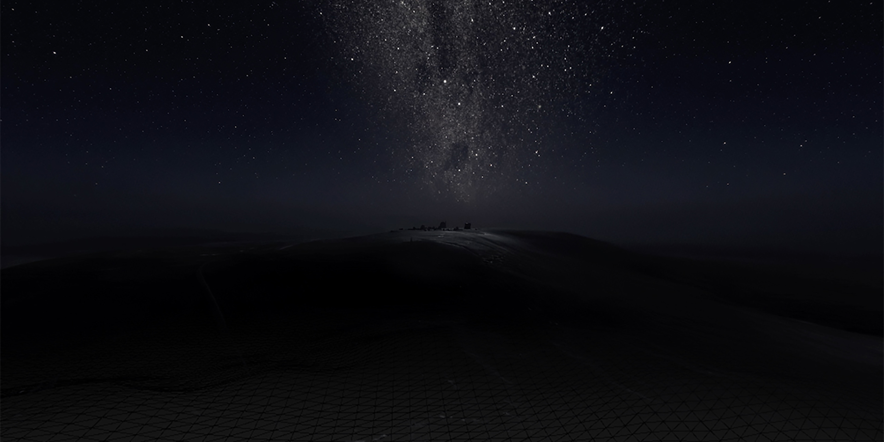 Virtual fly-in view on a plateau terrain in a starlit night