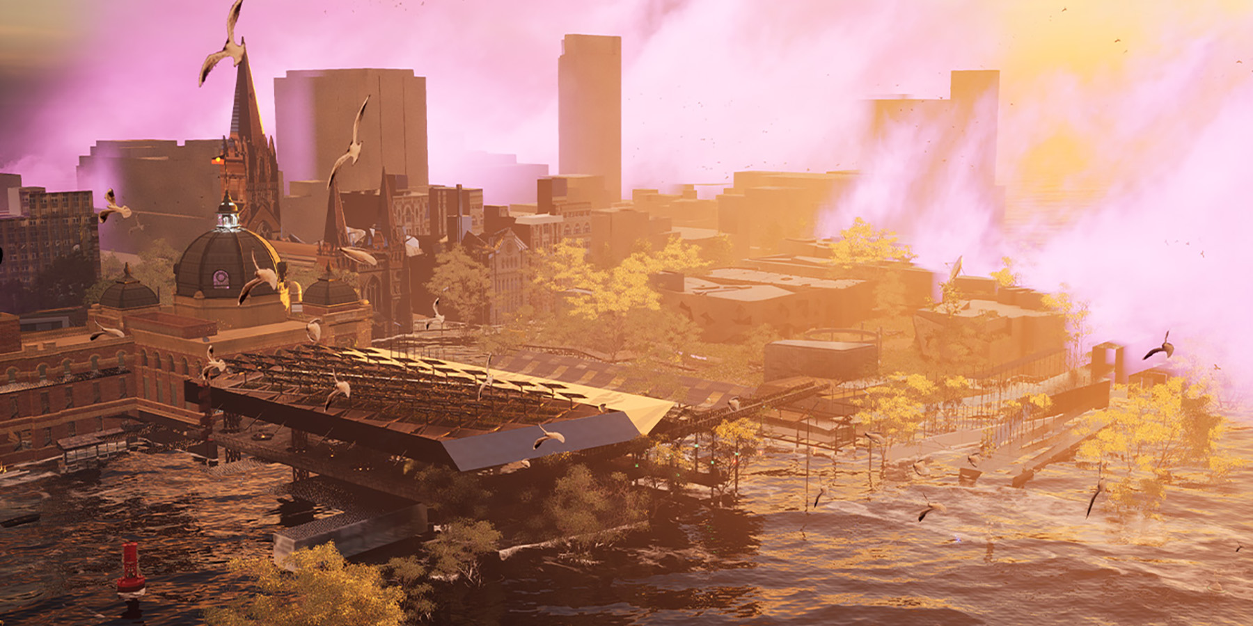 An aerial view of the a flooded future Naarm.