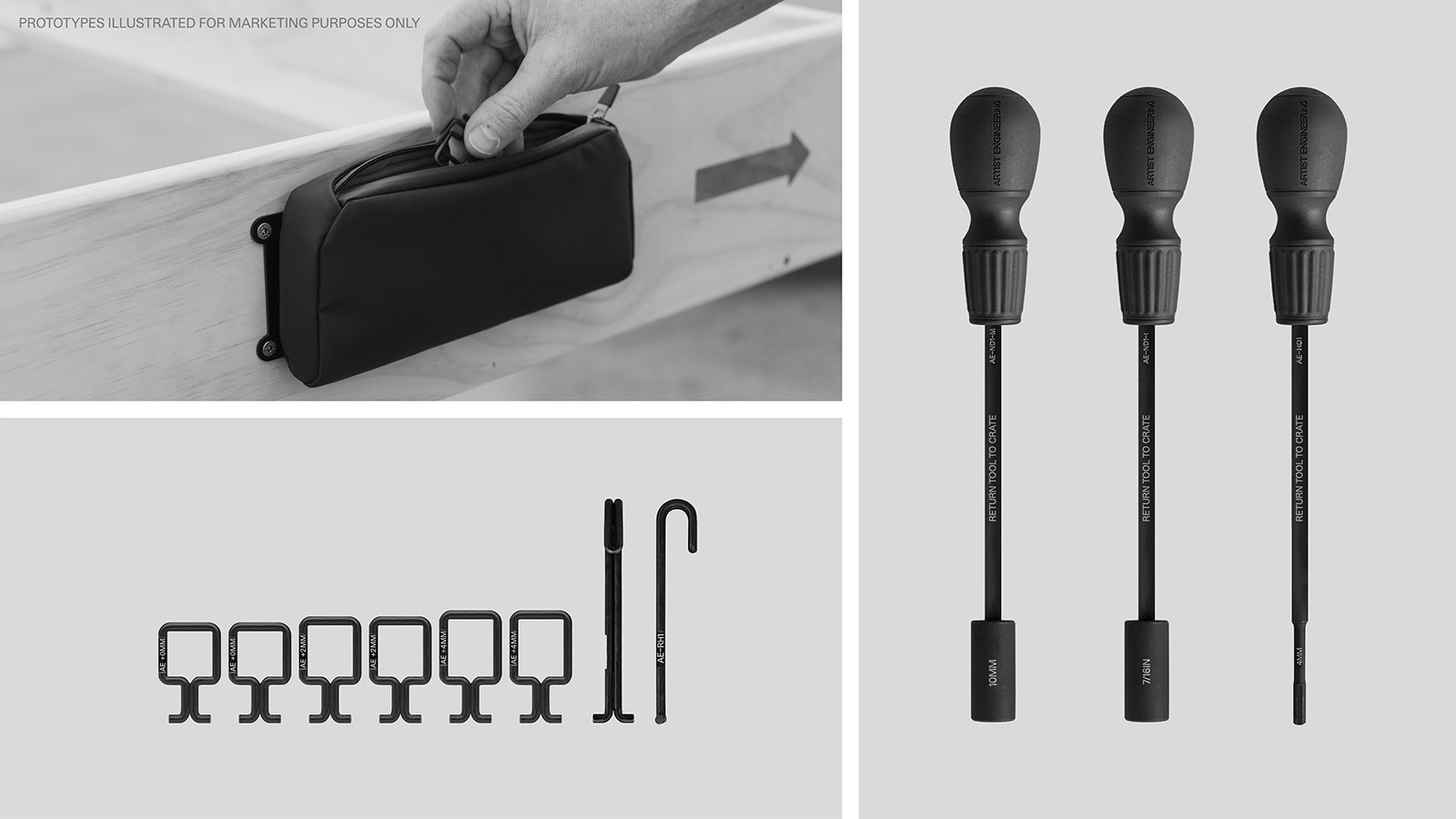 AE Toolkit fixed to crate; Tools for attaching Grip to Clip, art to crate; Boxrings & Rackhooks for installation & storage.