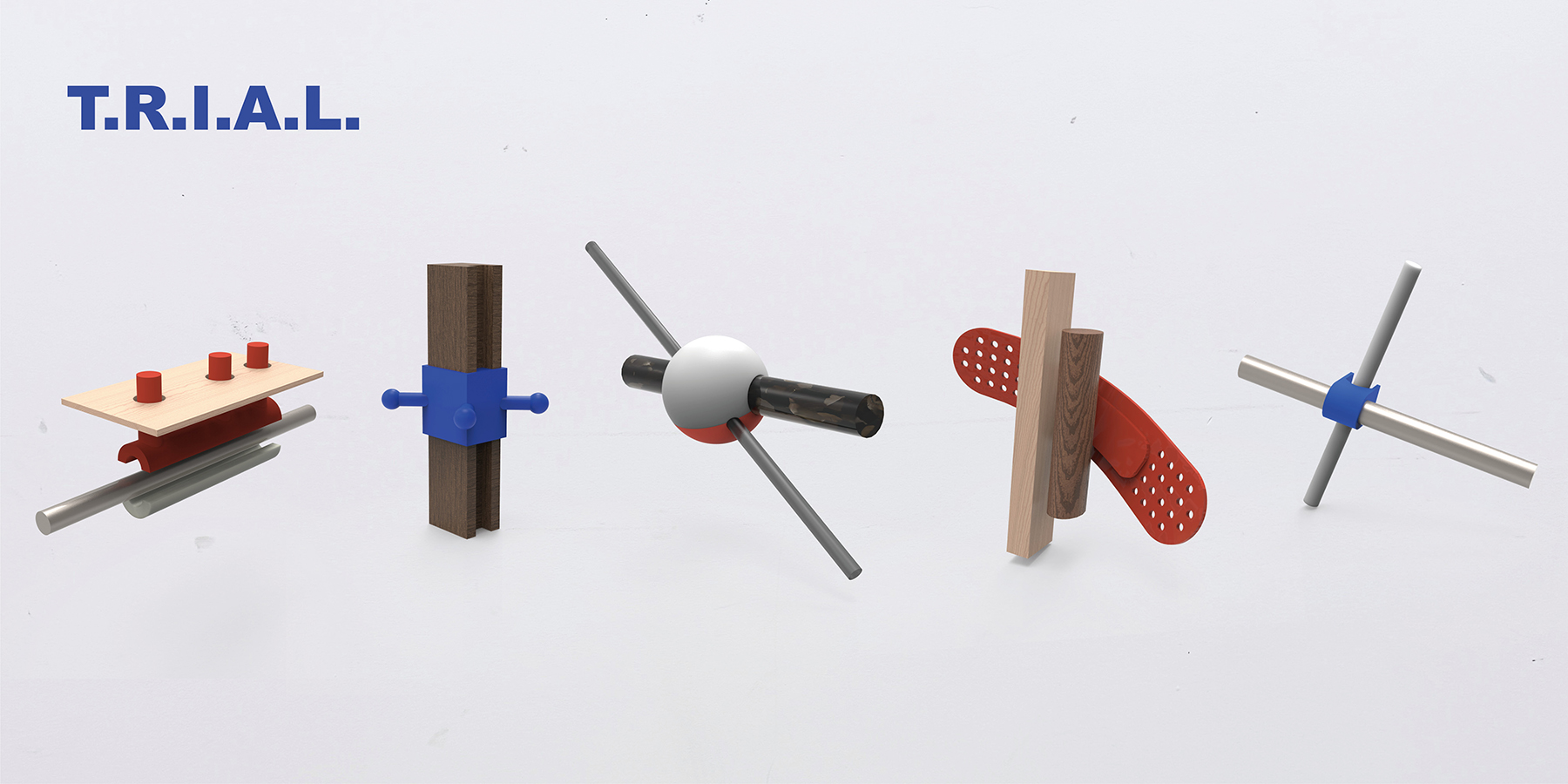 Rendered models of custom 3D-printed connectors showing how reused components are joined together.