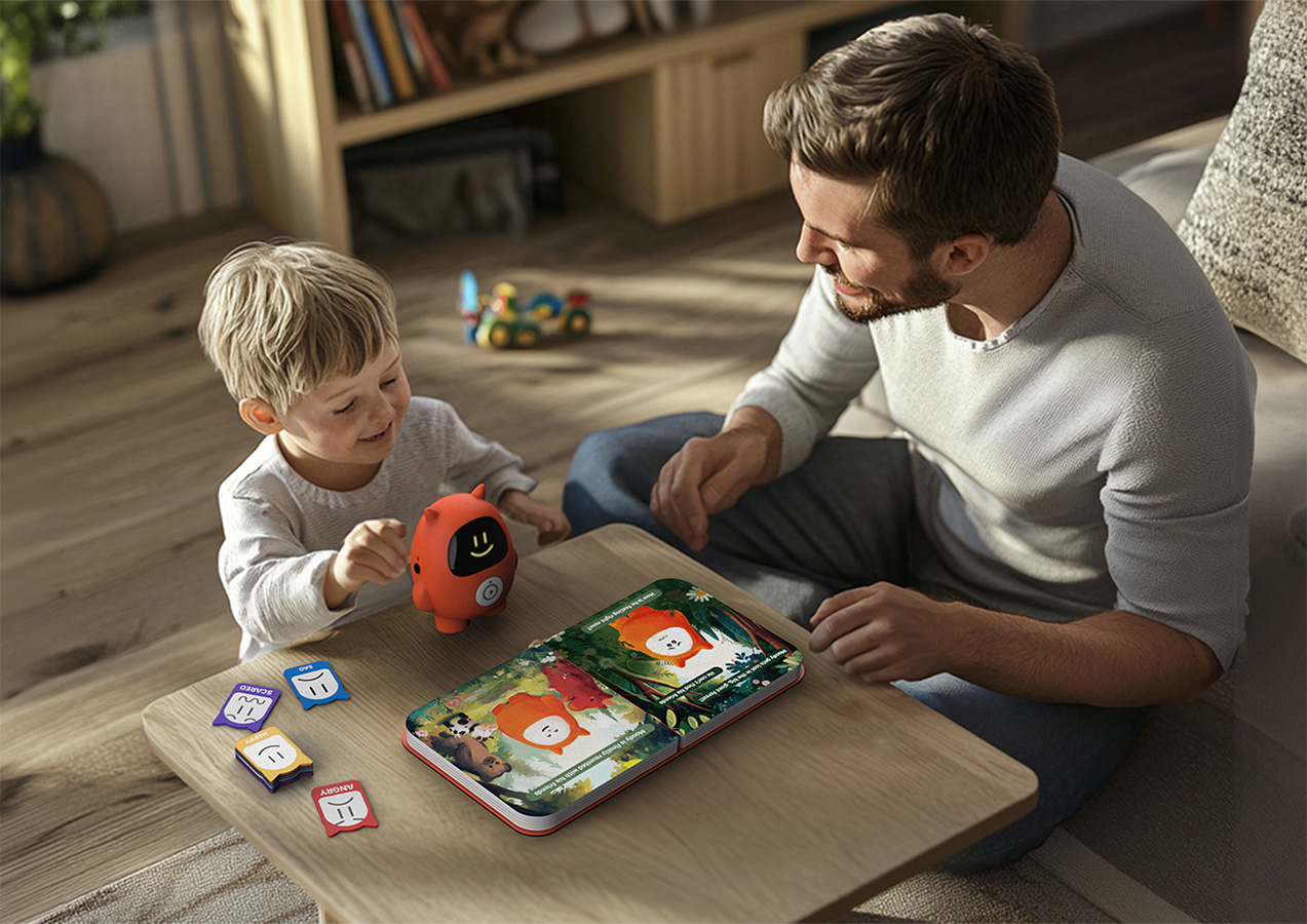 Parent and child sit together, interacting with Moody toy, emotion cards, and a storybook to explore and learn about emotions