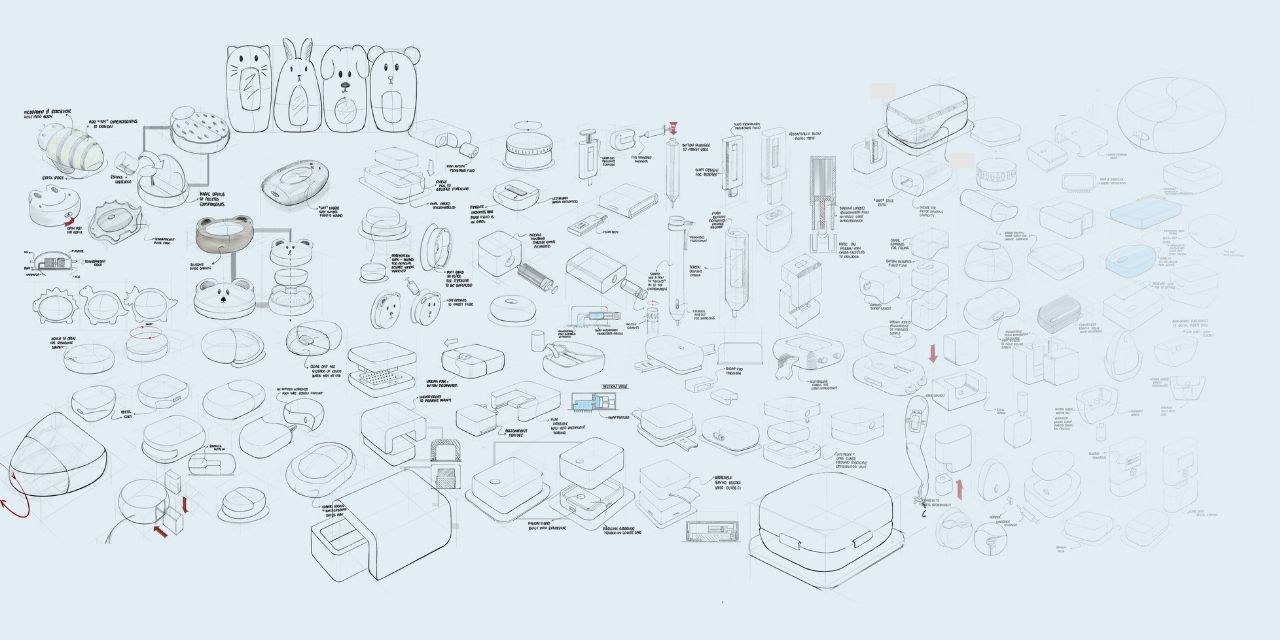 Sketches from early stages of a range of automated devices to showcase design decisions and direction