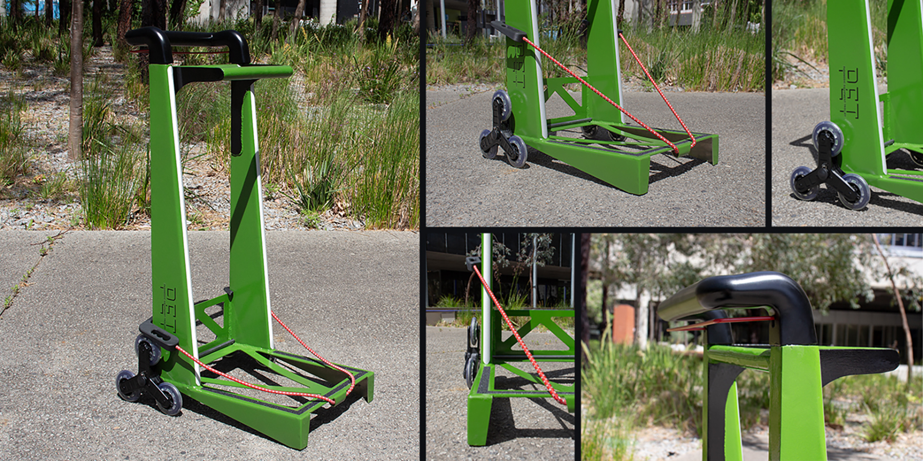 5 images of the final aluminium ptototype. Detail images of strap, tri-wheels, logo, triangular frame and handle.