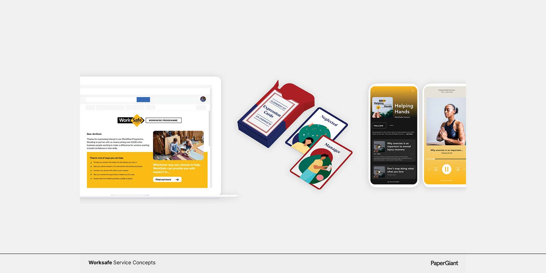 Visual mock-up's of the service design concepts including, website, expression cards and a Spotify playlist
