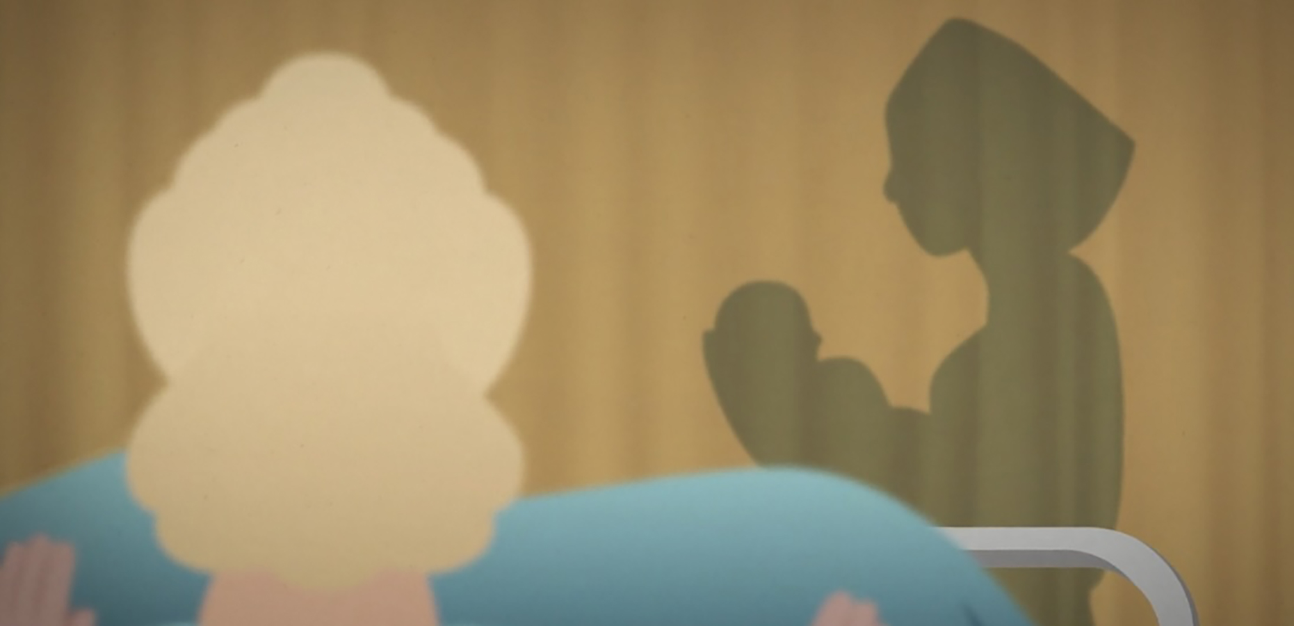 A woman in bed looks toward a curtain shadow showing a mother holding a baby, reflecting loss and emotional distance.