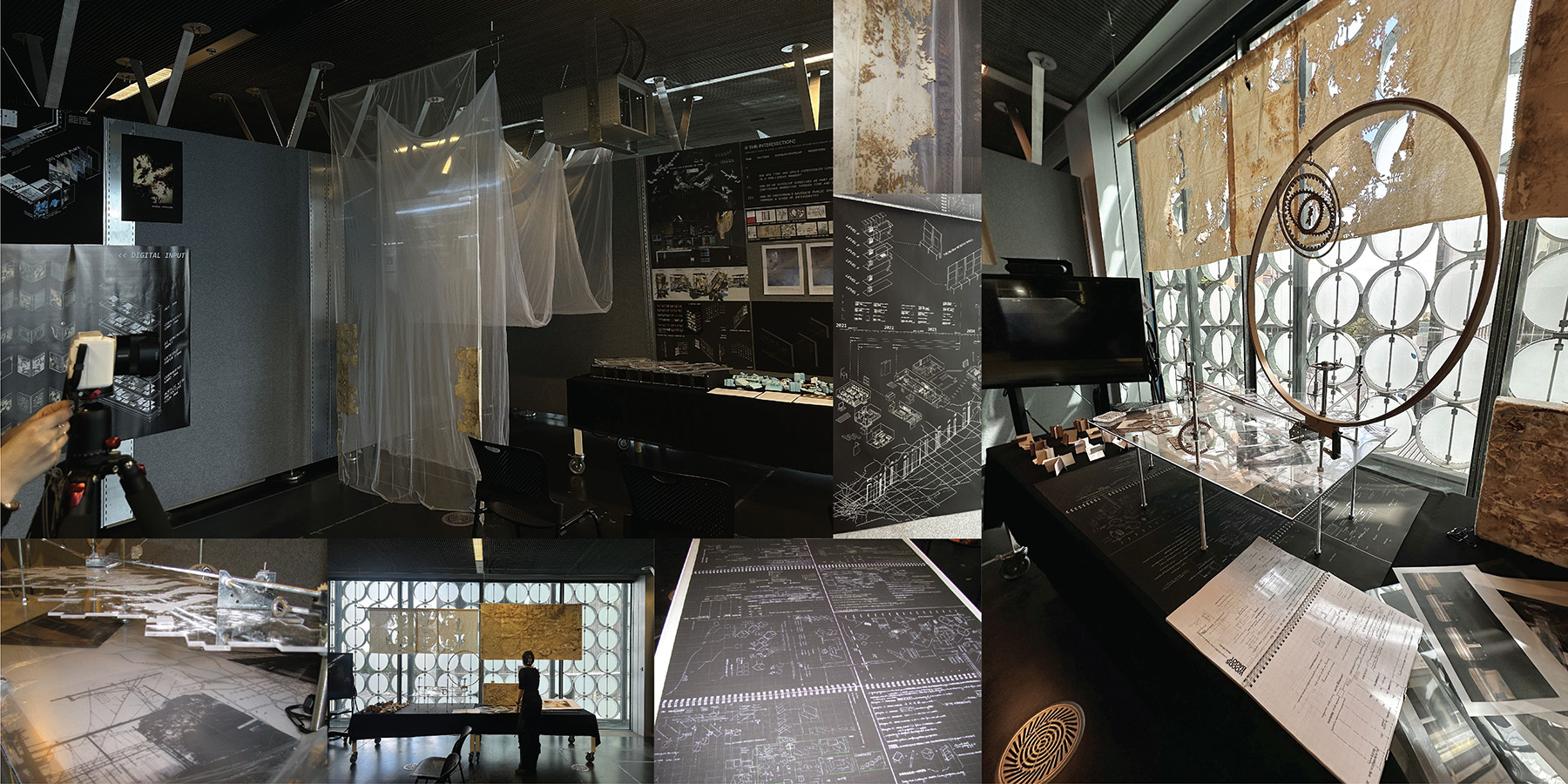 The room is activated through installation projections, with the space occupied by physical prototypes and interactive models