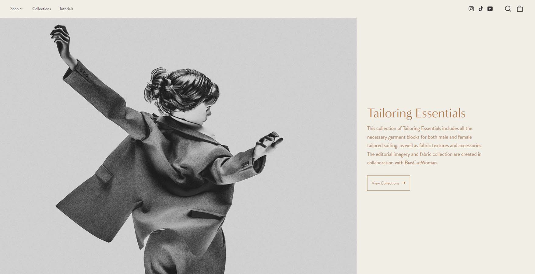 Homepage screenshot of IDES Tailoring collection with black and white image of female avatar in suit, arms up from behind.