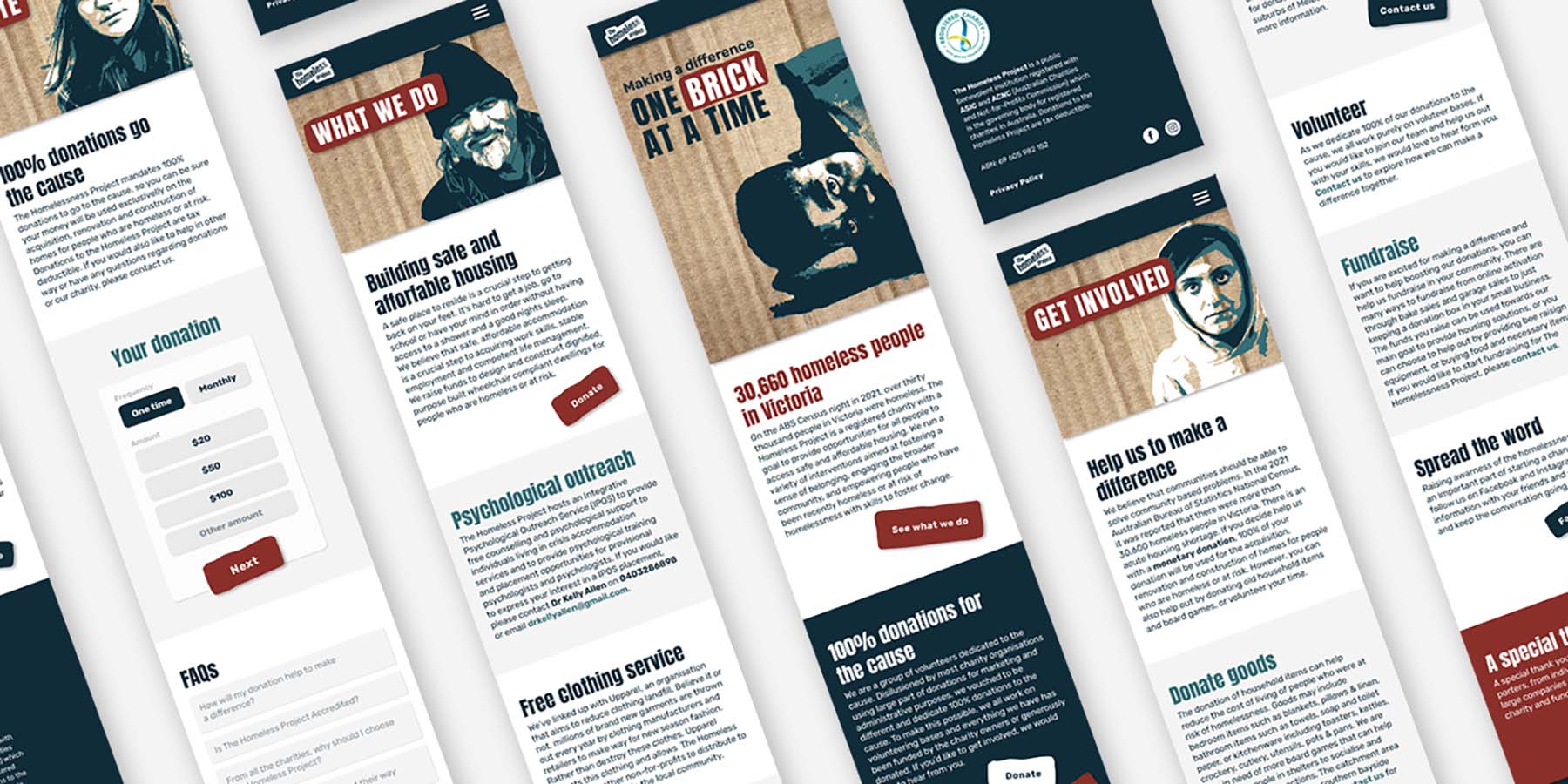 The Homeless Project web design: mobile screens