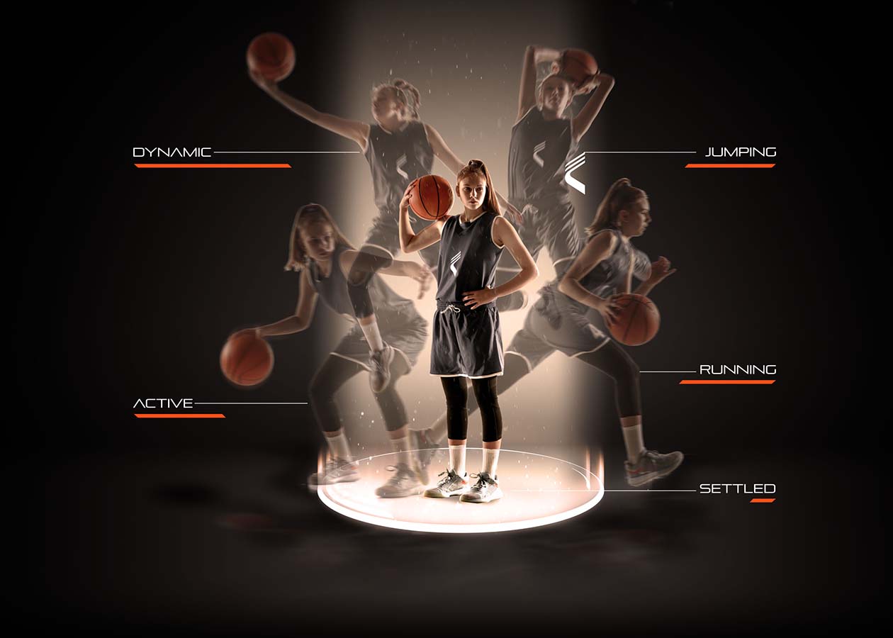 A visual representation of the data the T7 measures. Represented by a female basketball player in different positions.