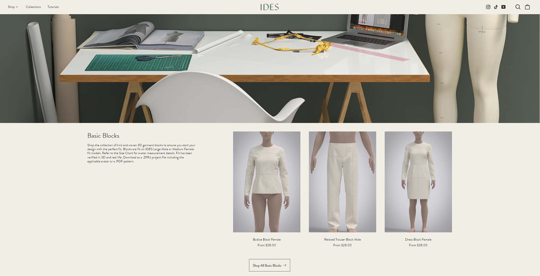 Website screenshot of IDES Basic Block collection. Top image is digital design desk scene, below 3 products from collection.