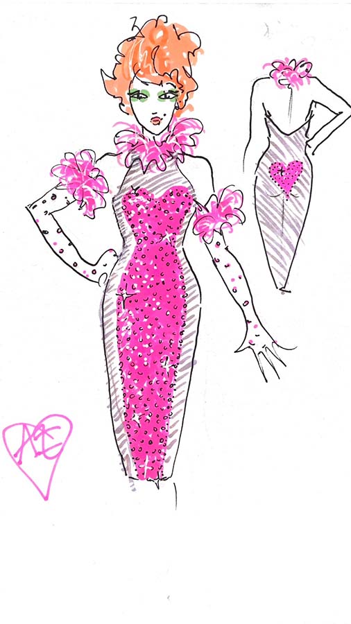 A sketch of a woman wearing a Silhouette dress in pink sequins trimmed with ostrich feathers or tulle. 